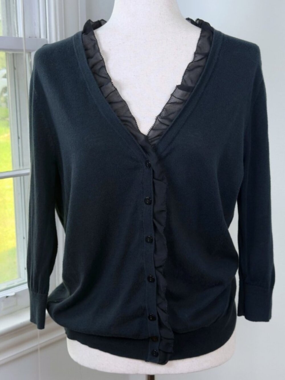 Slouchy Black Cotton Cardigan XL Mesh Ruffle Trim Goth Dark Coquette Whimsigoth